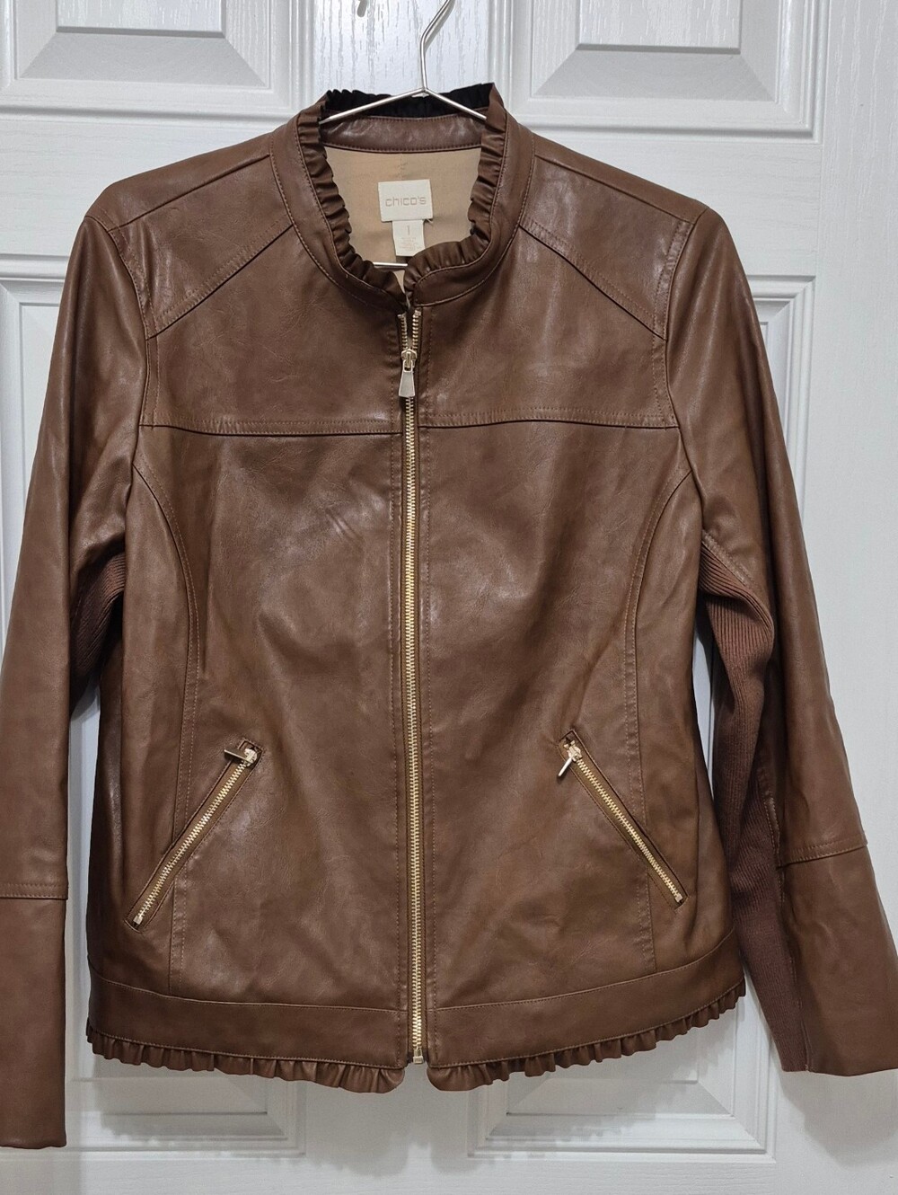 Chico's Women's Brown Leather Zip-Front Jacket Sz 1 or Small